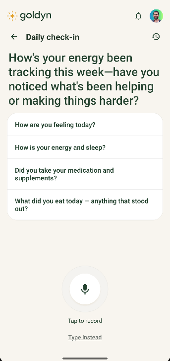 Voice check-in screen in the Goldyn app