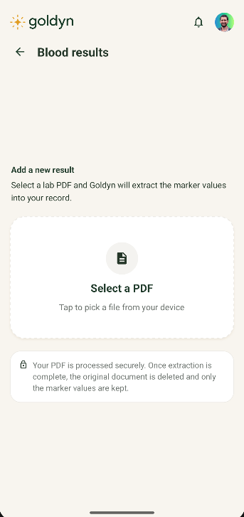Blood results upload screen