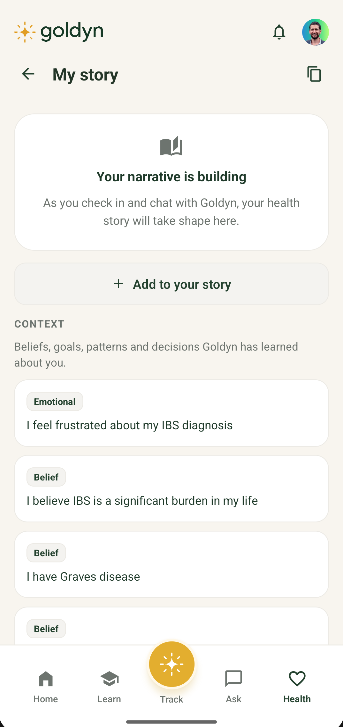 My Story screen — your narrative alongside your data
