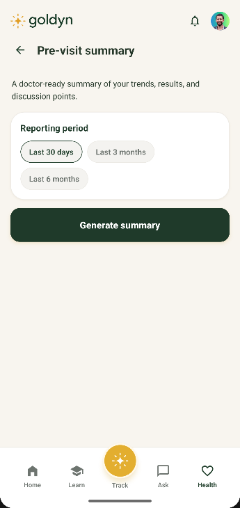 App screenshot: Sharing a Pre-Visit Summary with your care team