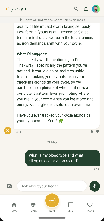 Ask Goldyn AI chat screen