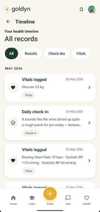 App screenshot: Your health timeline with all records — vitals, check-ins, and results
